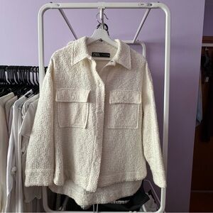 Ivory White Zara Button Tweed Jacket